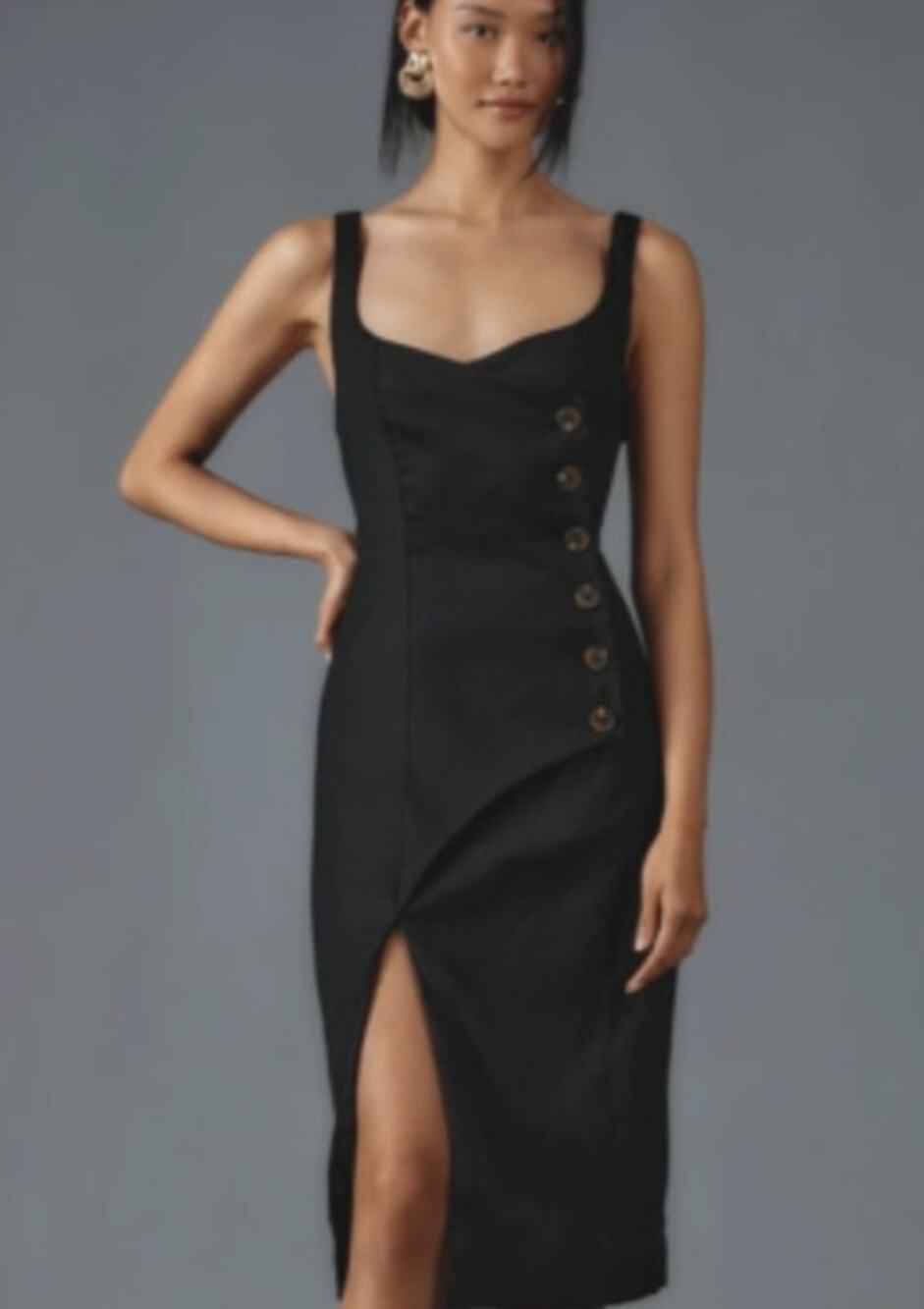 Anthropologie Black Midi Dress with Side Button Detail